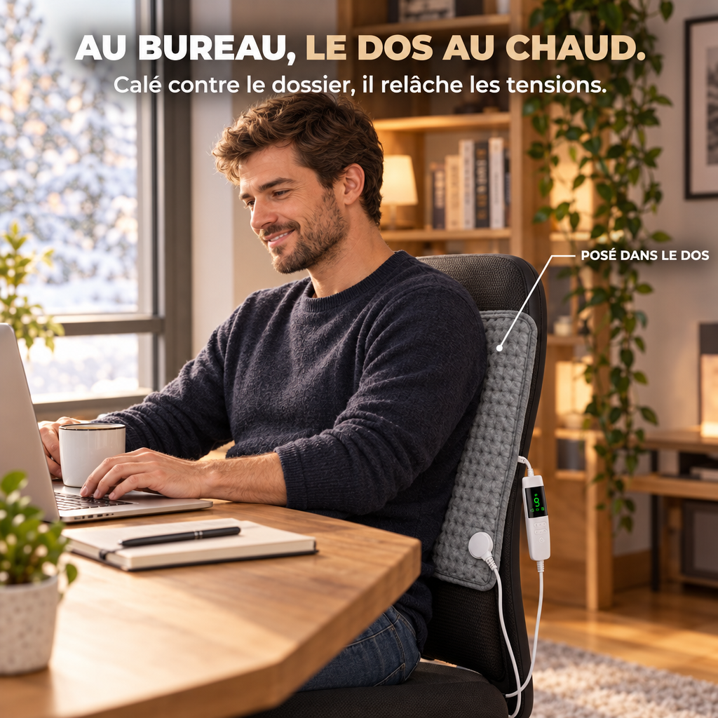 Coussin chauffant Paddy™ au bureau, calé dans le dos